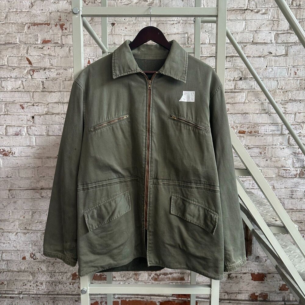 80s Olive Zip Utility Jacket Flap Pockets Distressed Cuffs size xl